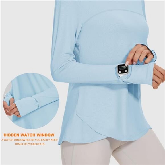 Workout Shirts Long Sleeve Running Tops with Watching Window UPF 50+ - Picture 3 of 6